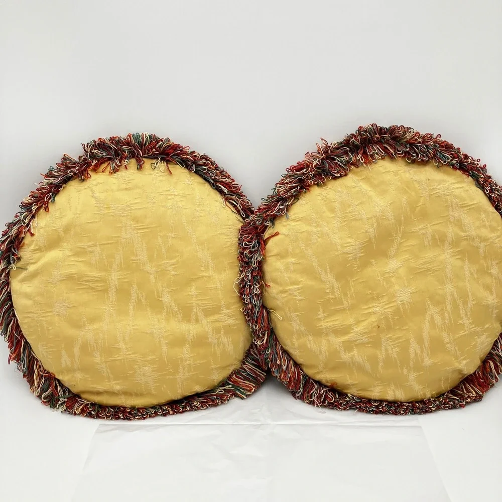 Pair of Vintage Hollywood Regency Round Throw Pillows Gold Brocade Multi Fringe